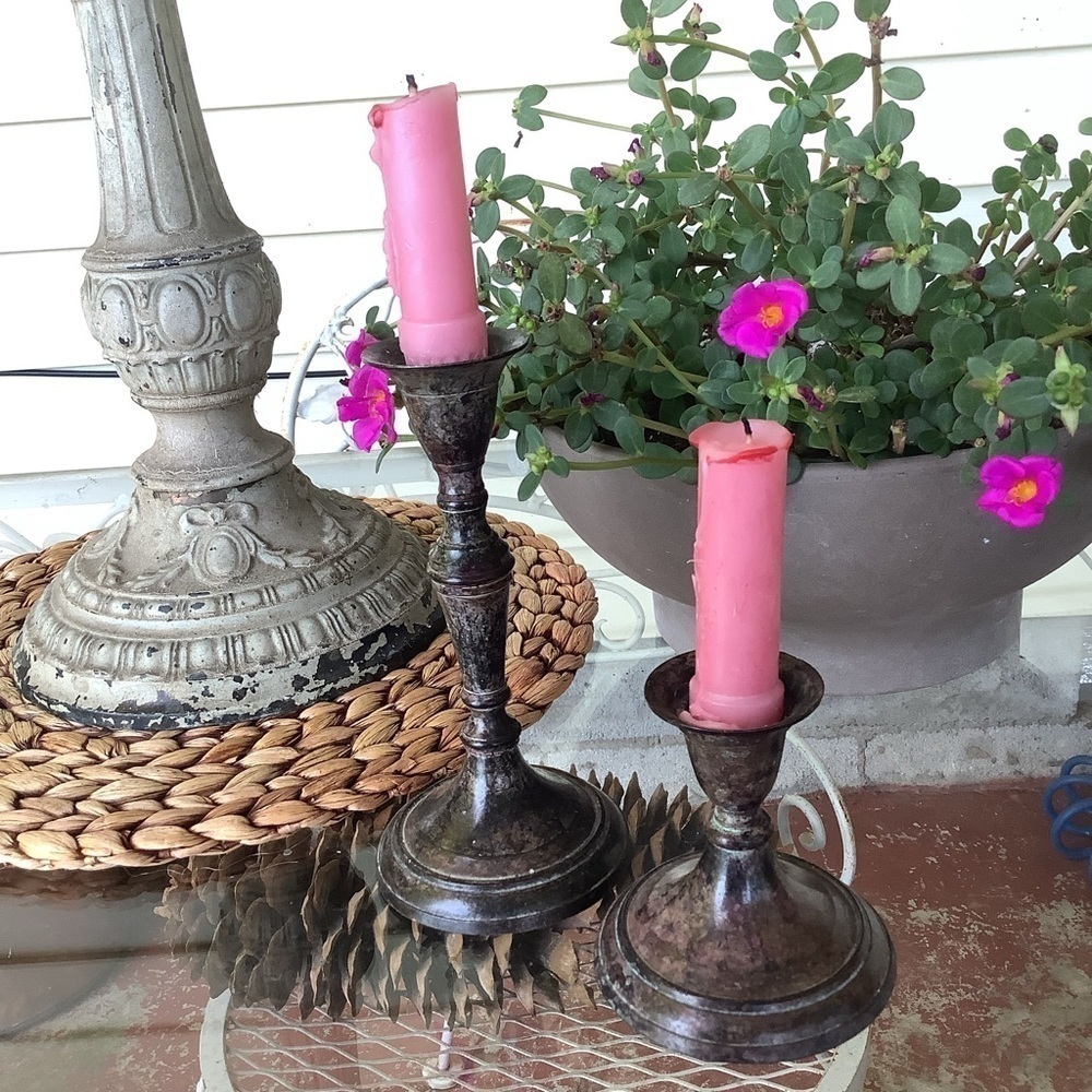 Vintage Antique Patina Silver Tone Candlesticks Taper Candle Holders